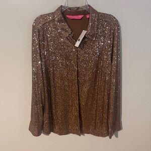Isaac Mizrahi Sequin Button Down Shirt - Brown